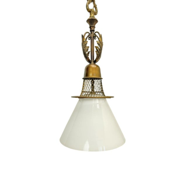 1940s Vintage Brass and Opaline Pendant Lamp, 1940s For Sale - Image 5 of 9