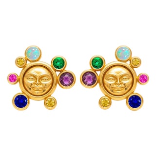 Moonface Earrings Studs With Multicolor Gemstones, A Pair For Sale