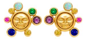 Moonface Earrings Studs With Multicolor Gemstones, A Pair