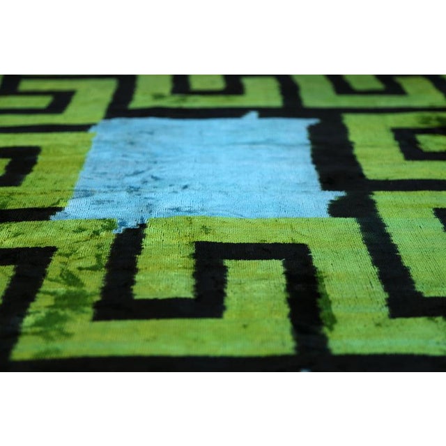 Greek Key Velvet Pillow in Green & Blue – Handmade 24x24 Inch Square For Sale - Image 4 of 8