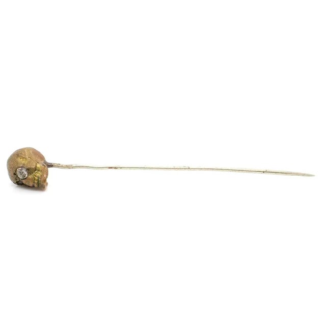 Old or Antique Estate Bronze Skull Memento Mori Stick Pin With Glass Eyes For Sale - Image 9 of 12