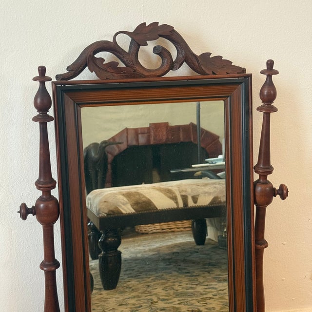 Traditional Vintage Mahogany Tabletop Vanity Mirror With Drawer - Carved Wood Dressing Mirror For Sale - Image 3 of 9