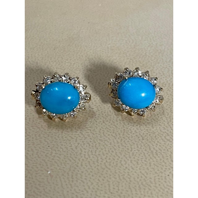 8 Ct Oval Sleeping Beauty Turquoise 1.5ct Diamond Stud Earrings 14 K Yellow Gold For Sale In New York - Image 6 of 18