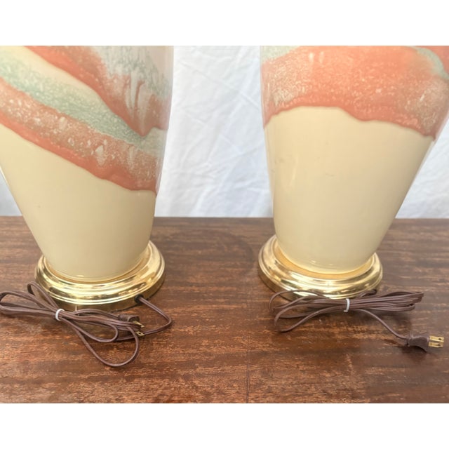 Metal 1980s Postmodern Ceramic Pastel Drip Glaze Table Lamps - A Pair For Sale - Image 7 of 12