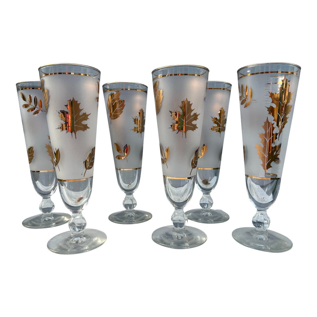 Rare Large 60+ Piece Collection Vintage Libbey 22K Gold Leaf  Set of 6 1950 vintage Libbey Pilsner glasses frosted 22kt gold leaf display picture 1