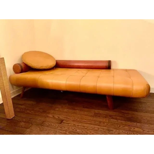 Rare Vintage Postmodern Leather & Palmwood Daybed and Ball Pillow by Pacific Green, C1990s For Sale - Image 9 of 9