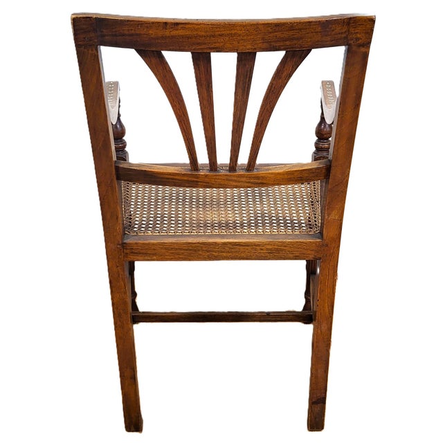 Wood Antique English Anglo - Indian Carved & Inlaid Caned Seat Desk Armchair For Sale - Image 7 of 18