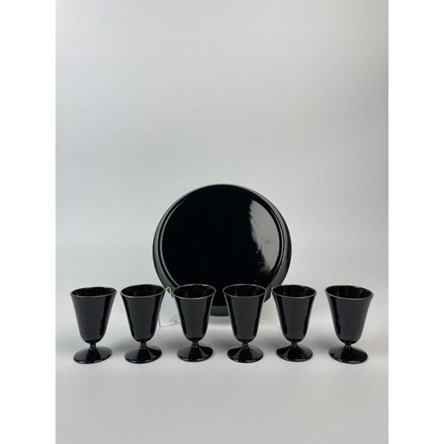 Vintage Japanese Mount Fuji Black Lacquerware Sake Set With Six Stemmed Cups, Tray and Original Box - 8 pcs For Sale - Image 11 of 15