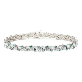 7.94ctw Blue Zircon & Diamond Tennis Bracelet, 18k White Gold, Length 7.25 In. For Sale