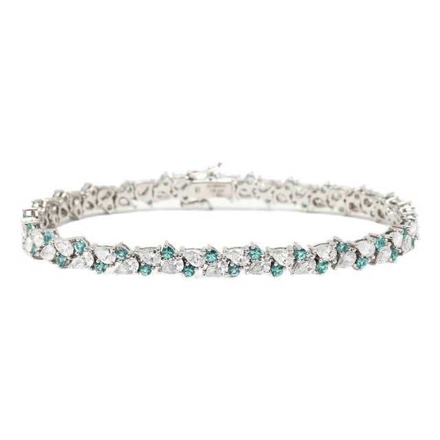 7.94ctw Blue Zircon & Diamond Tennis Bracelet, 18k White Gold, Length 7.25 In. For Sale