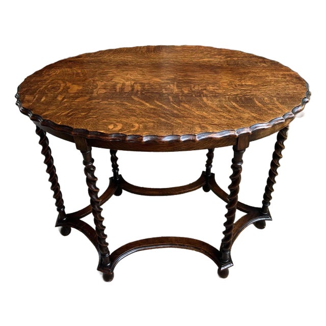 Antique English Oval Side Center Table Barley Twist Tiger Oak Jacobean C1920 For Sale