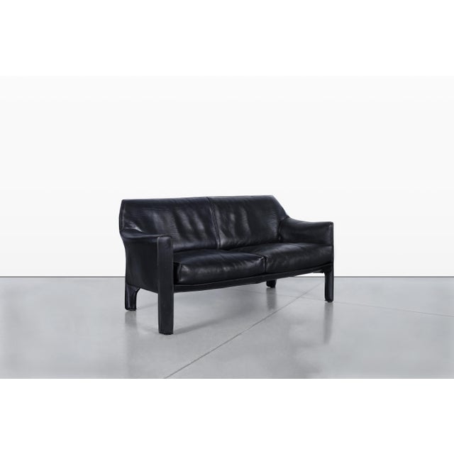 1970s Vintage Black Leather Cab 415 Settee by Mario Bellini for Cassina For Sale - Image 5 of 13