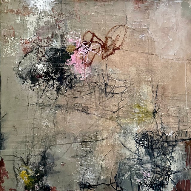 This abstract painting with many layers was created using acrylic paint, house paint, gloss mediums, various drawing and...