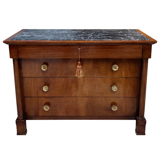 Early 20th Century Early 20th Century John Stuart French Empire-Style Walnut Commode With a Black Marble Top. For Sale - Image 5 of 16