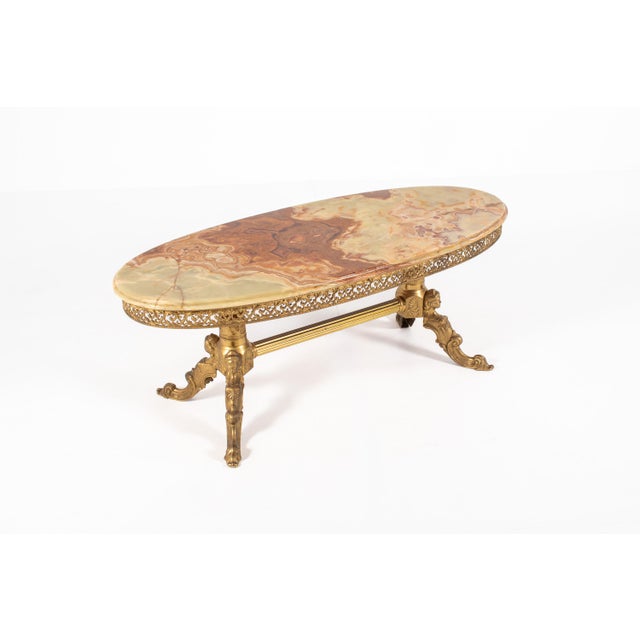 Vintage Hollywood Regency Oval Onyx Coffee Table with Gilt Brass Base, France, 1960s For Sale - Image 4 of 16