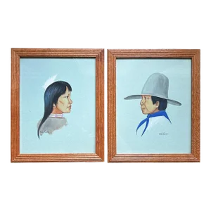 A Pair of Native American Framed Paintings of Man and Woman, Signed Jon Tiger