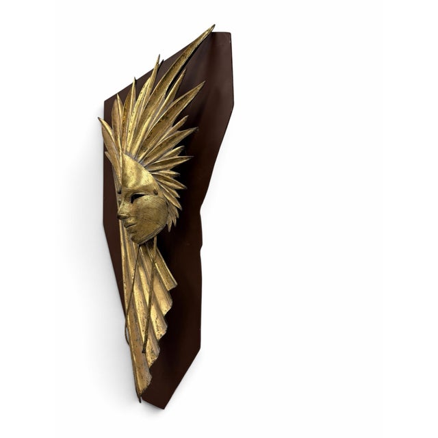 Mid-Century Modern Vintage Evelyn Lino Brutalist Gold Starburst Mask Wall Sculpture For Sale - Image 3 of 7