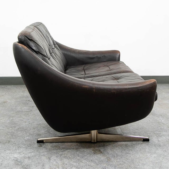 Mid Century Danish Modern Sofa Couch Brown Leather 2 Seat Settee Metal Denmark For Sale - Image 4 of 10