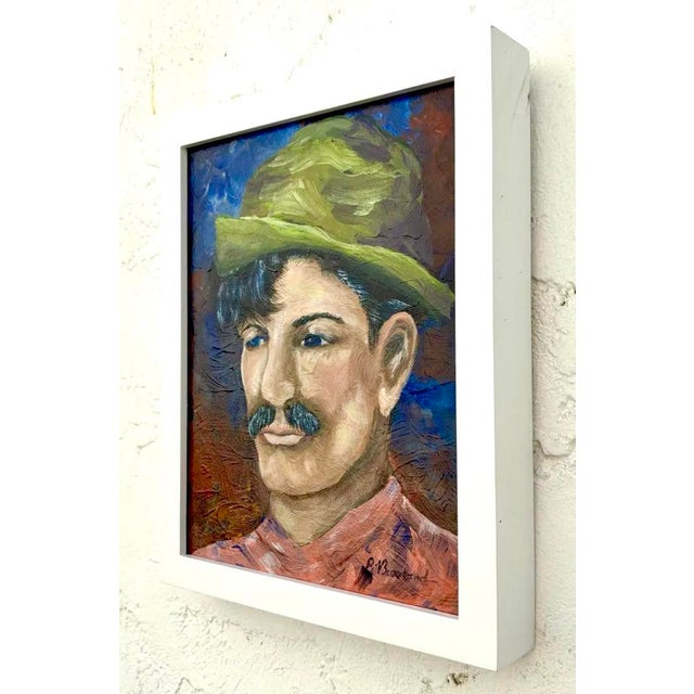 Wood Vintage Boho Small Portrait of a Man in a White Frame For Sale - Image 7 of 7