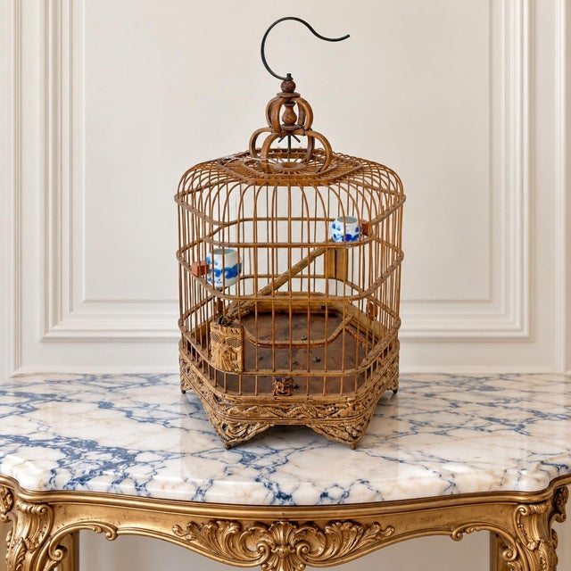 A striking mid-20th century Chinese six-sided bamboo birdcage, beautifully constructed with an architectural domed top and...