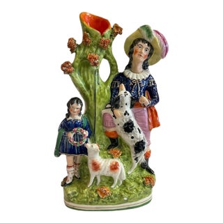 Mid 19th Century Staffordshire Spill Vase With Shepherd, Girl, Dog & Lamb For Sale