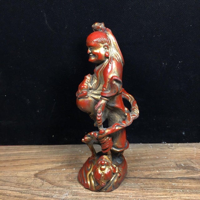 Asian Vintage Solid Bronze Liu Hai Playing With Golden Toad Statue, Wealth Attracting Figurine For Sale - Image 3 of 9
