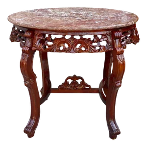 Vintage Victorian Heavily Carved Oval Red Marble Top Occasional Table