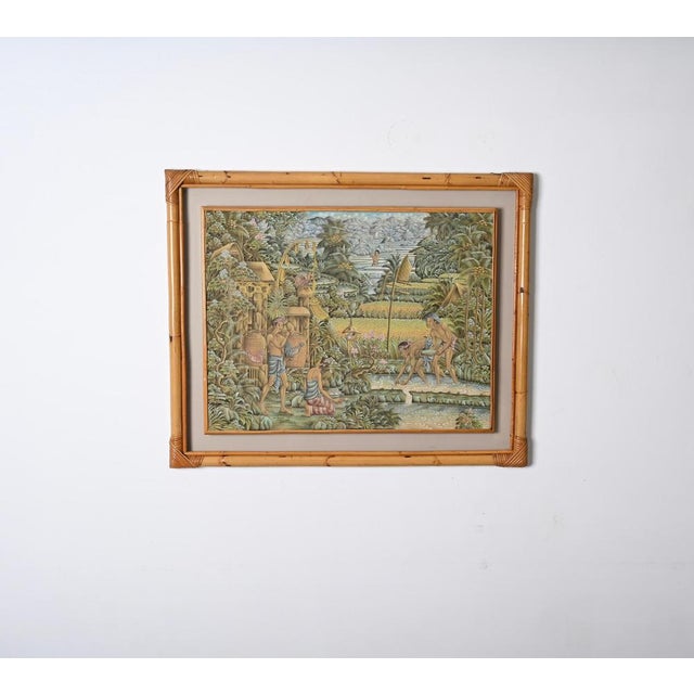 Black Mid-Century Balinese Painting on Silk with Bamboo and Woven Rattan Frame, 1960s For Sale - Image 8 of 16