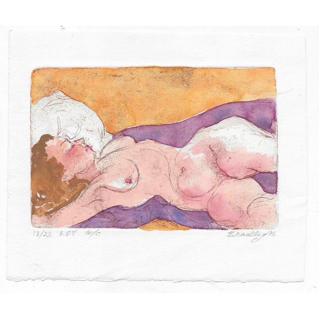 1996 female nude color etching by New York artist John Bradley, pencil signed and dated lower right. Numbered 13 of 25 of...