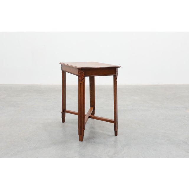 Wood Art Deco French Side Table with Fluted Legs, Carved Frieze and X-Stretcher, 1920s For Sale - Image 7 of 13