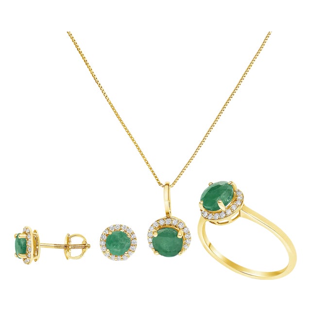 10K Yellow Gold Green Emerald and 3/8 Cttw Diamond Halo Jewelry Set (Earrings, Pendant & Ring) For Sale