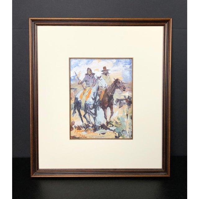 1990s James Lee Colt Western Image W/C Gouache Mounted Cowboy And Indian For Sale - Image 4 of 11