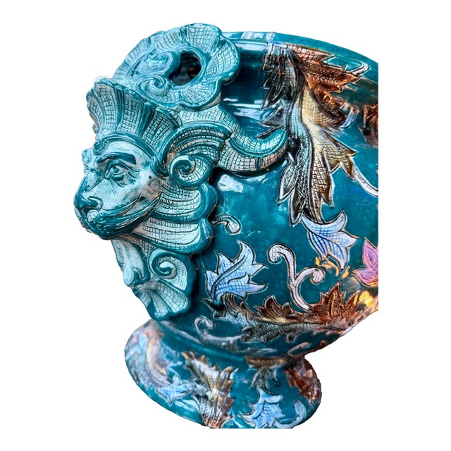 1910s Antique French Majolica Gargoyle-Handle Barbotine Jardinière by Frie Onnaing For Sale