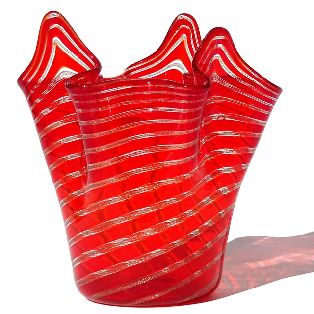 Mid-Century Modern Murano Bright Red Aventurine Ribbons Italian Art Glass Vintage Sculptural Fazzoletto Mini Flower Vase For Sale - Image 3 of 8