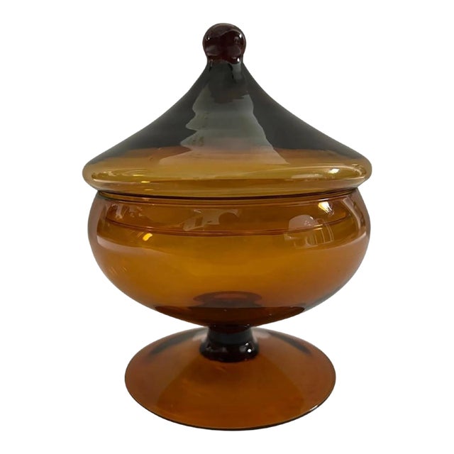 Vintage 1960s Mid Century Modern Dark Amber Empoli Apothecary Glass Jar, Italy For Sale
