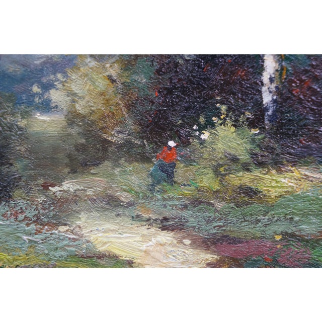 Textile Late 20th Century Impressionist Figure in Red Forest Landscape Oil Painting on Canvas 18" For Sale - Image 7 of 10