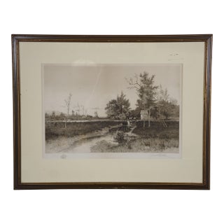 Antique George William Bohde Signed Canal Boat Horse Landscape Etching 28" For Sale