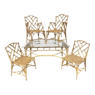 Vintage 5-Piece Bamboo Glass Dining Table & Chairs For Sale