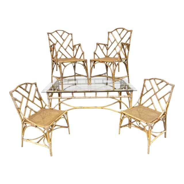 Vintage 5-Piece Bamboo Glass Dining Table & Chairs For Sale