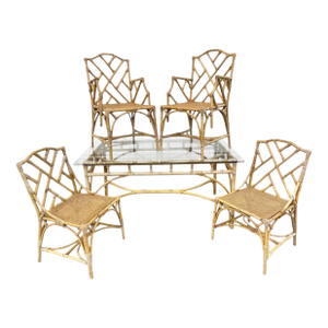 Vintage 5-Piece Bamboo Glass Dining Table & Chairs