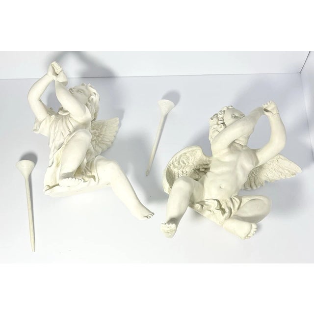 Plastic Vintage Pair of Resin Stone Sitting Shelf Cherub Angel Herald Figurines For Sale - Image 7 of 9