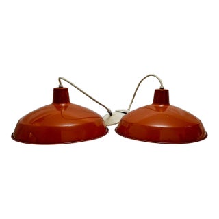 1980s Industrial Dome Orange Pendant Light Fixtures - A Pair For Sale