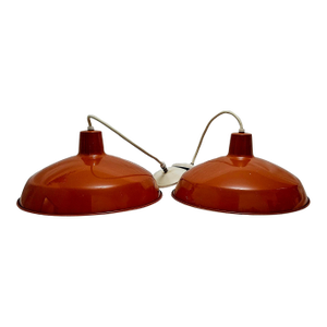 1980s Industrial Dome Orange Pendant Light Fixtures - A Pair