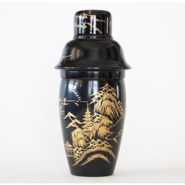 Showa Era Japanese Lacquered Black and hand painted Cocktail (Sake) Set includes 14 pieces: - 1 Wood Cocktail Shaker: 4"...