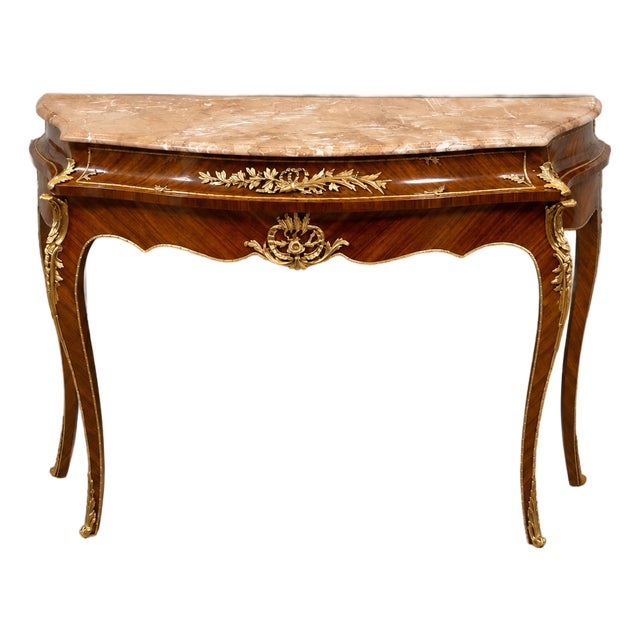 French Louis XV Style Console Table – Marble Top, Rich Wood Finish & Gilded Bronze Details For Sale
