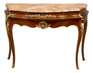 French Louis XV Style Console Table – Marble Top, Rich Wood Finish & Gilded Bronze Details