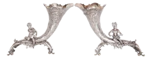 Pair of Antique German Repoussé 800 Silver Cornucopia Cherub Vases Hanau 1890