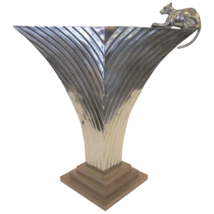 Large Art Deco Revival Fluted Nickeled Brass Vase With Panther