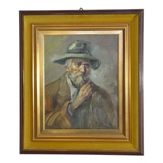 Roberto Carignani, Portrait of a Man with a Pipe, 1950s, Oil on Canvas, Framed For Sale