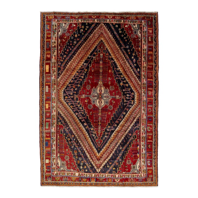 Vinatge Red Persian Shiraz Wool Rug With Geometric Motif For Sale